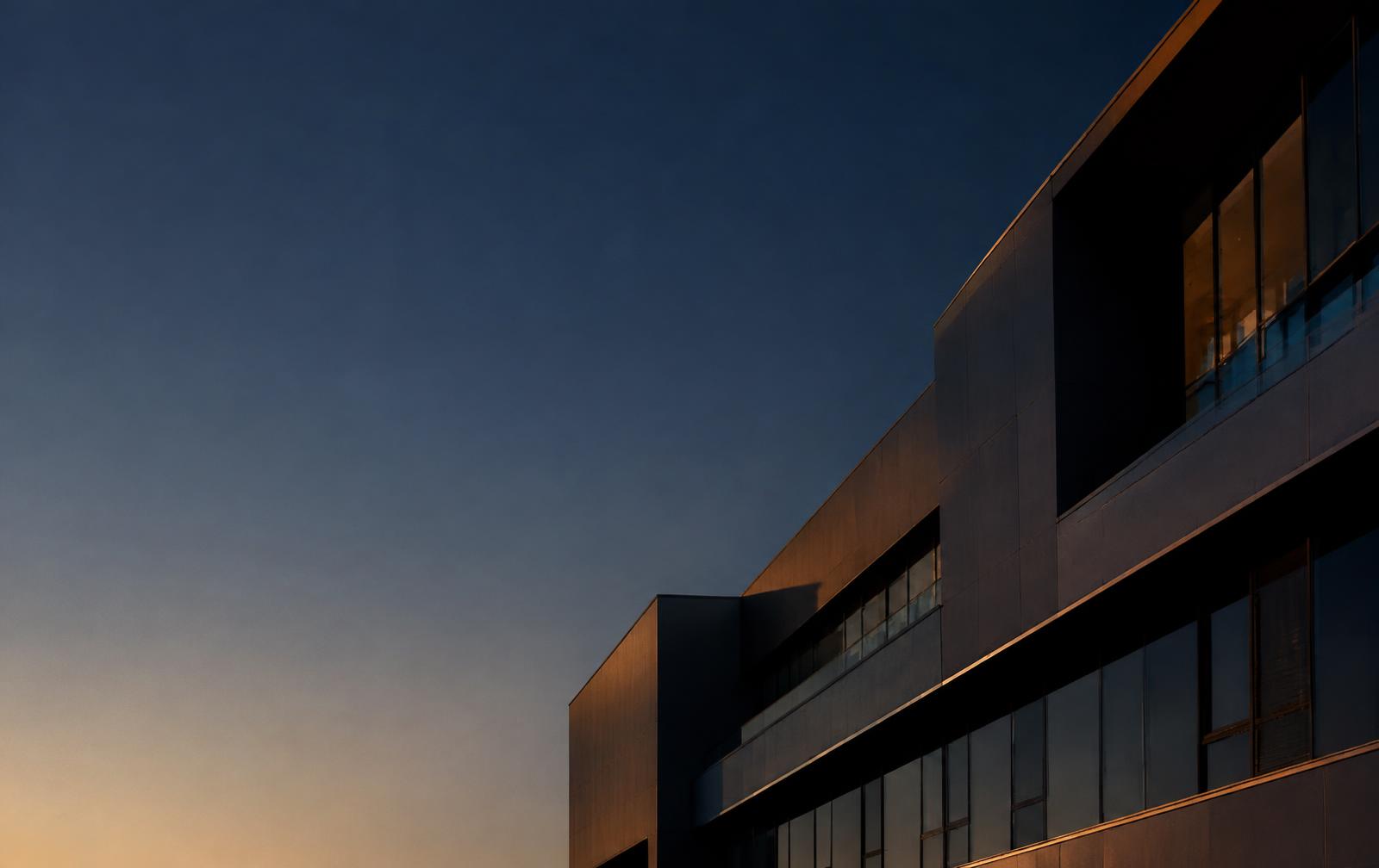 Modern architectural facade at dusk